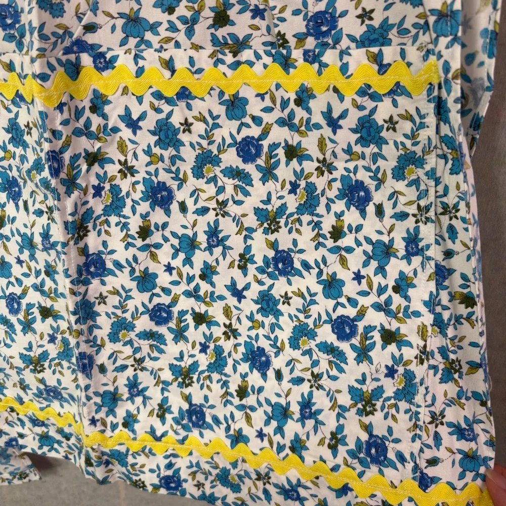Handmade Floral Half‎ Apron Blue White Yellow Rick Rack Trim Pockets Vintage
